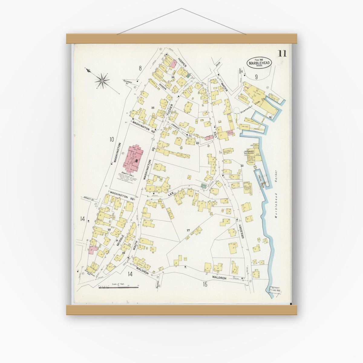 Old map wall art mockup — magnetic wood frame on white wall — Sanborn Fire Insurance Map from Marblehead, Essex County, Massachusetts (1908), Sheet #0011