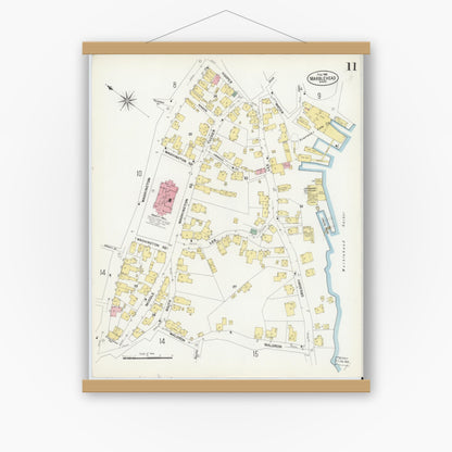 Old map wall art mockup — magnetic wood frame on white wall — Sanborn Fire Insurance Map from Marblehead, Essex County, Massachusetts (1908), Sheet #0011