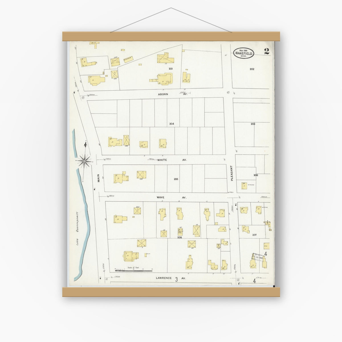 Old map wall art mockup — magnetic wood frame on white wall — Sanborn Fire Insurance Map from Wakefield, Middlesex County, Massachusetts (1909), Sheet #0002