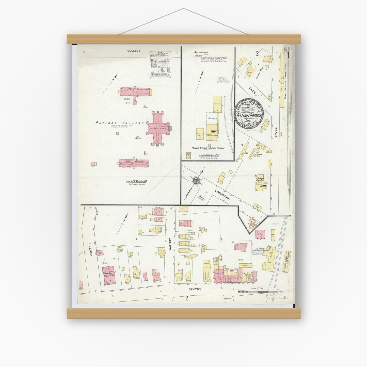 Old map wall art mockup — magnetic wood frame on white wall — Sanborn Fire Insurance Map from Yellow Springs, Greene County, Ohio (1910), Sheet #0001