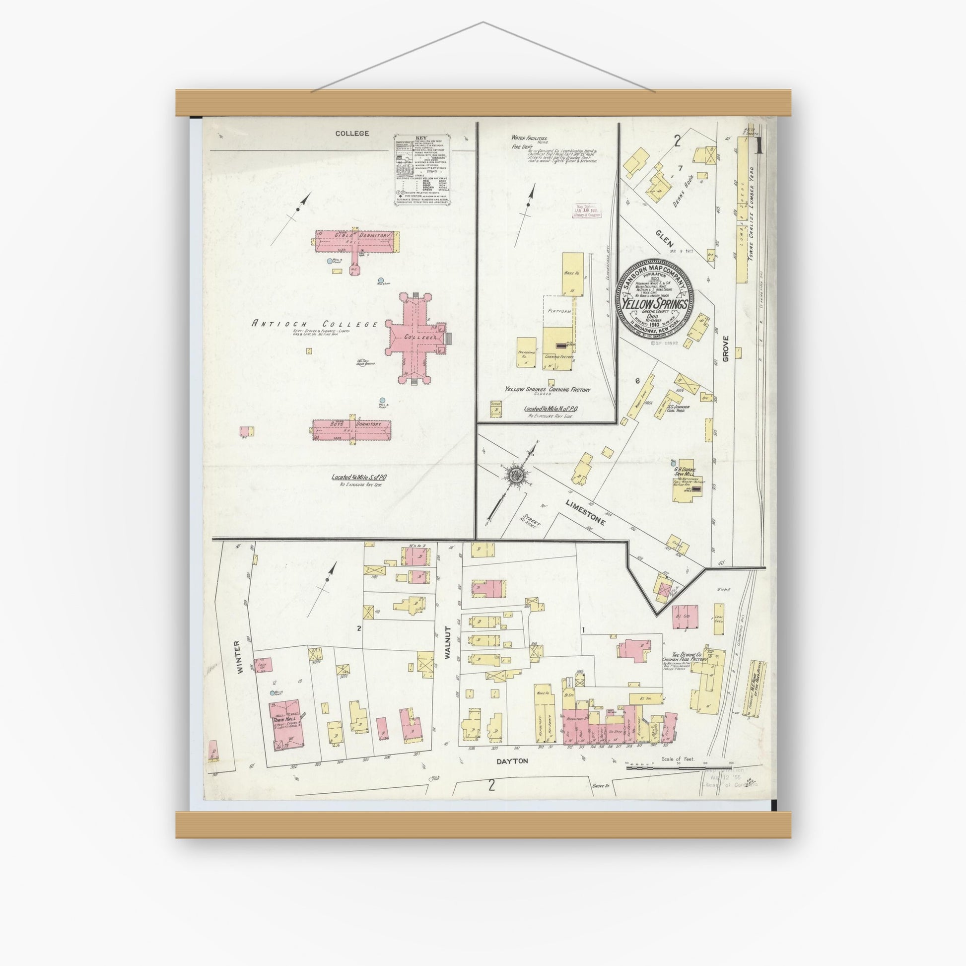 Old map wall art mockup — magnetic wood frame on white wall — Sanborn Fire Insurance Map from Yellow Springs, Greene County, Ohio (1910), Sheet #0001