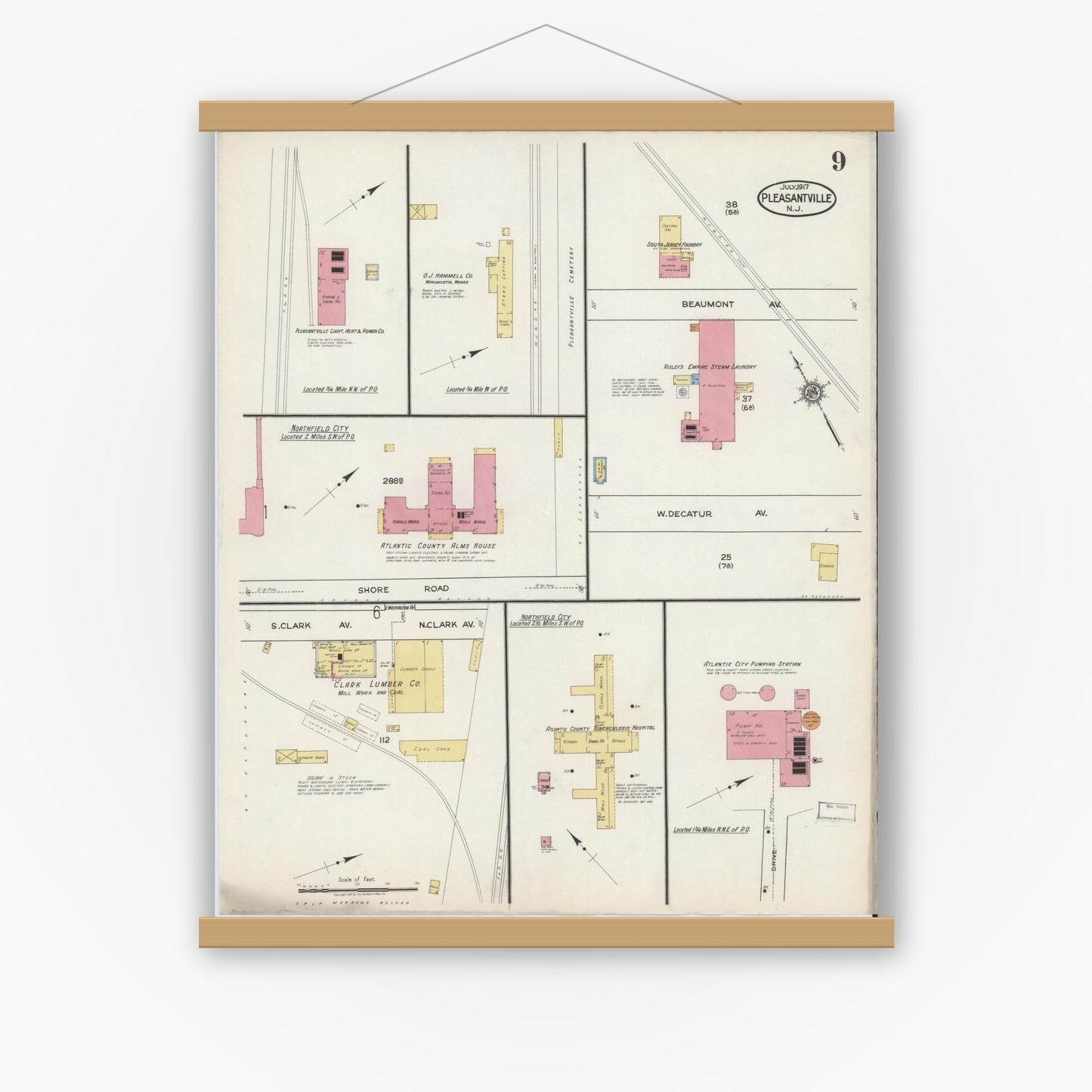 Old map wall art mockup — magnetic wood frame on white wall — Sanborn Fire Insurance Map from Pleasantville, Atlantic County, New Jersey (1917), Sheet #0009