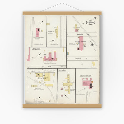 Old map wall art mockup — magnetic wood frame on white wall — Sanborn Fire Insurance Map from Pleasantville, Atlantic County, New Jersey (1917), Sheet #0009