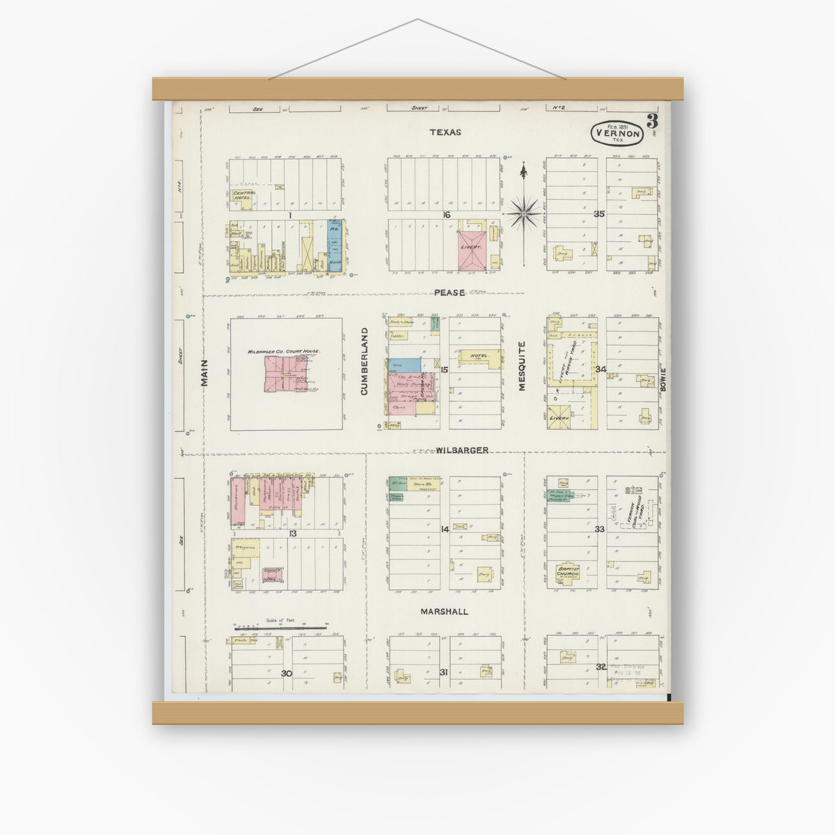 Old map wall art mockup — magnetic wood frame on white wall — Sanborn Fire Insurance Map from Vernon, Wilbarger County, Texas (1891), Sheet #0003