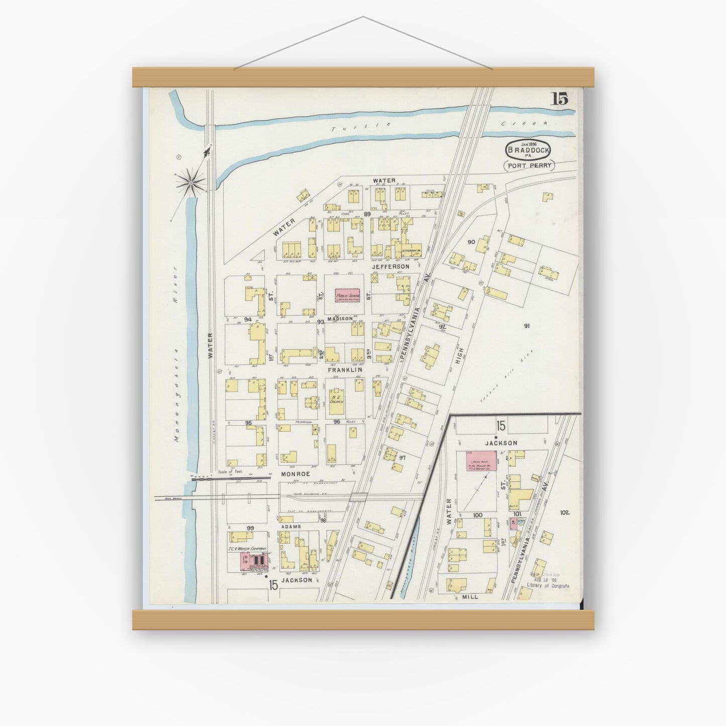 Old map wall art mockup — magnetic wood frame on white wall — Sanborn Fire Insurance Map from Braddock, Allegheny County, Pennsylvania (1896), Sheet #0015