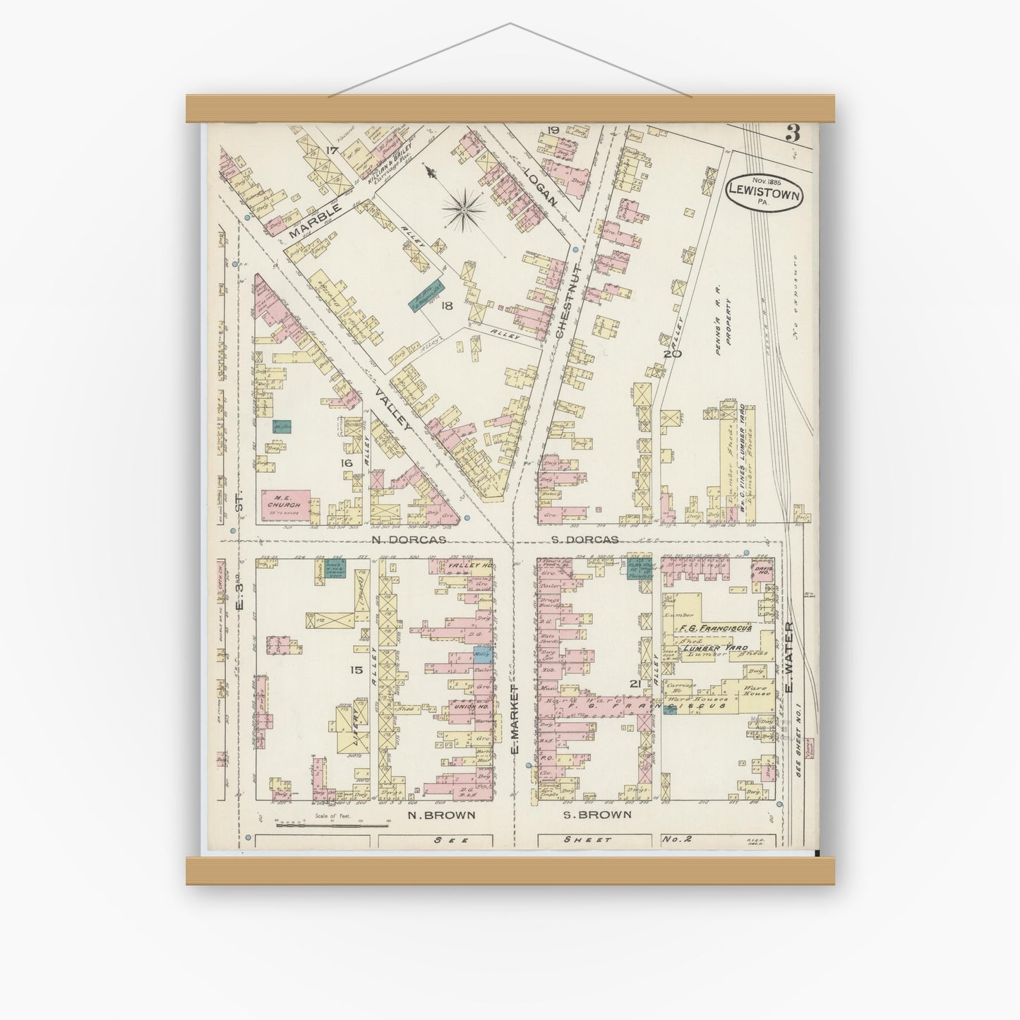 Old map wall art mockup — magnetic wood frame on white wall — Sanborn Fire Insurance Map from Lewistown, Mifflin County, Pennsylvania (1885), Sheet #0003