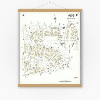 Old map wall art mockup — magnetic wood frame on white wall — Sanborn Fire Insurance Map from Watertown, Middlesex County, Massachusetts (1923), Sheet #0016