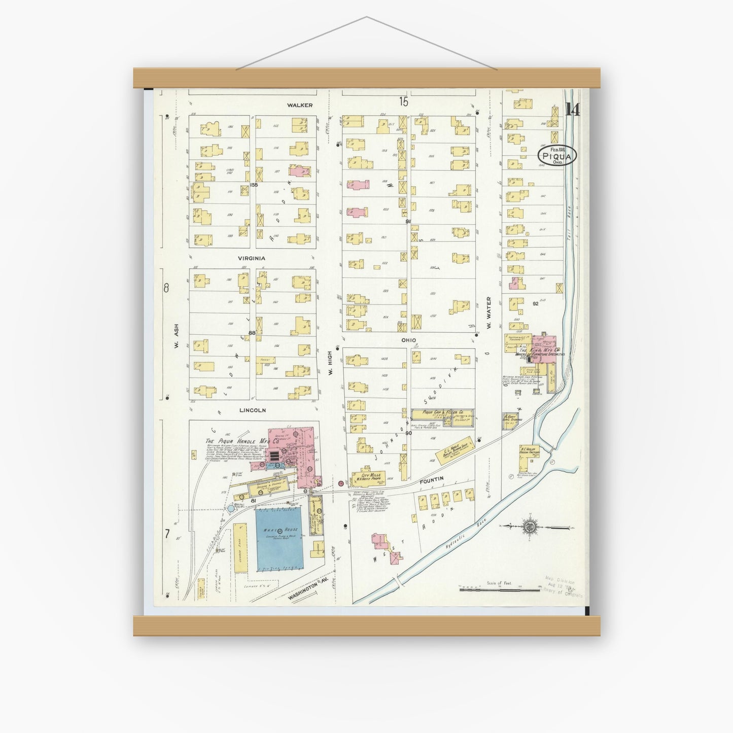 Old map wall art mockup — magnetic wood frame on white wall — Sanborn Fire Insurance Map from Piqua, Miami County, Ohio (1911), Sheet #0014