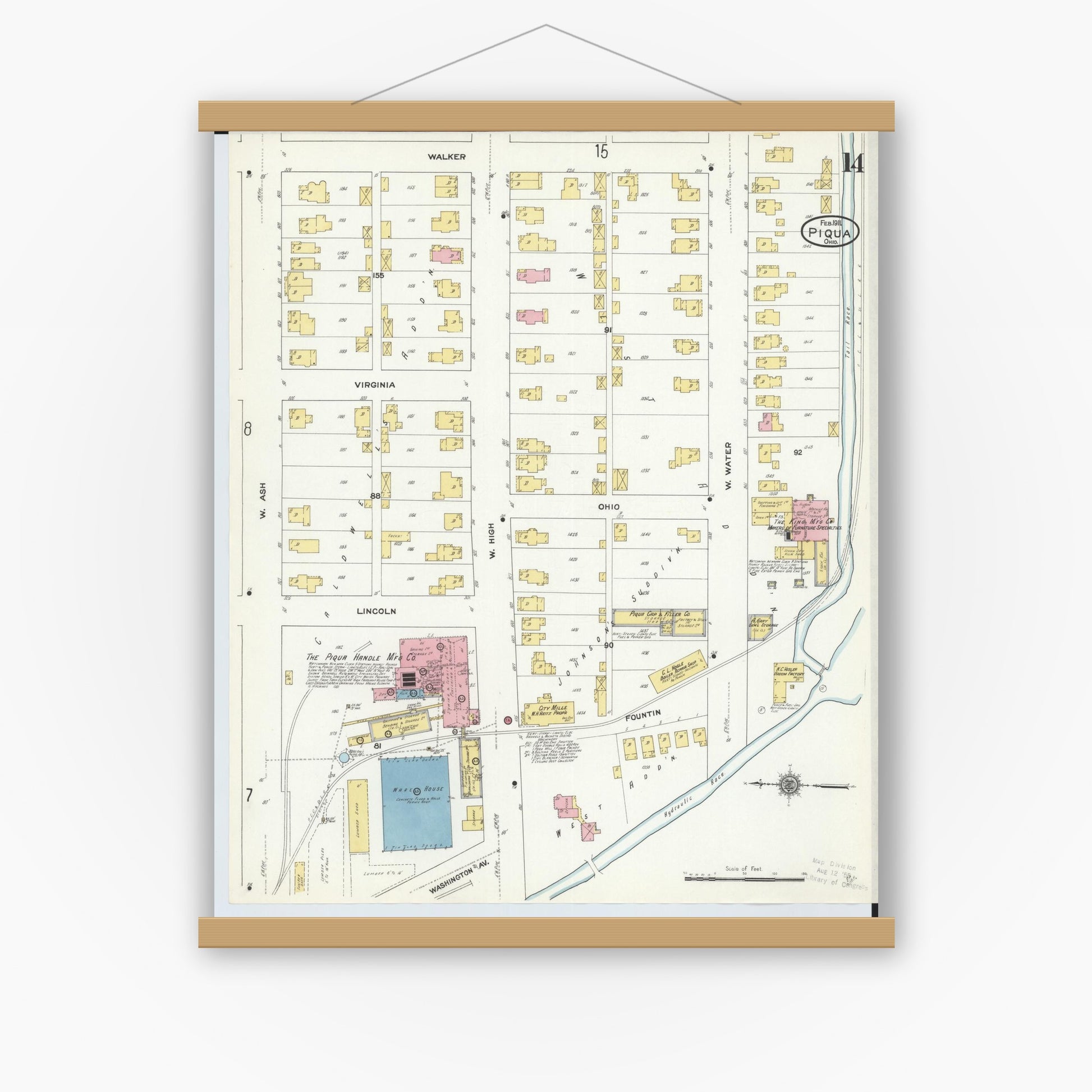 Old map wall art mockup — magnetic wood frame on white wall — Sanborn Fire Insurance Map from Piqua, Miami County, Ohio (1911), Sheet #0014