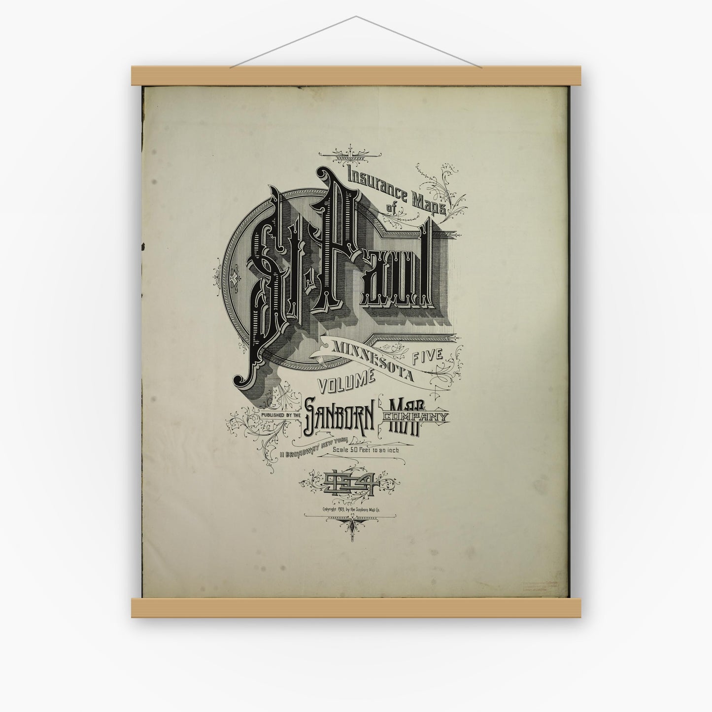 Old map wall art mockup — magnetic wood frame on white wall — Sanborn Fire Insurance Map from Saint Paul, Ramsey County, Minnesota (1904), Sheet #0001