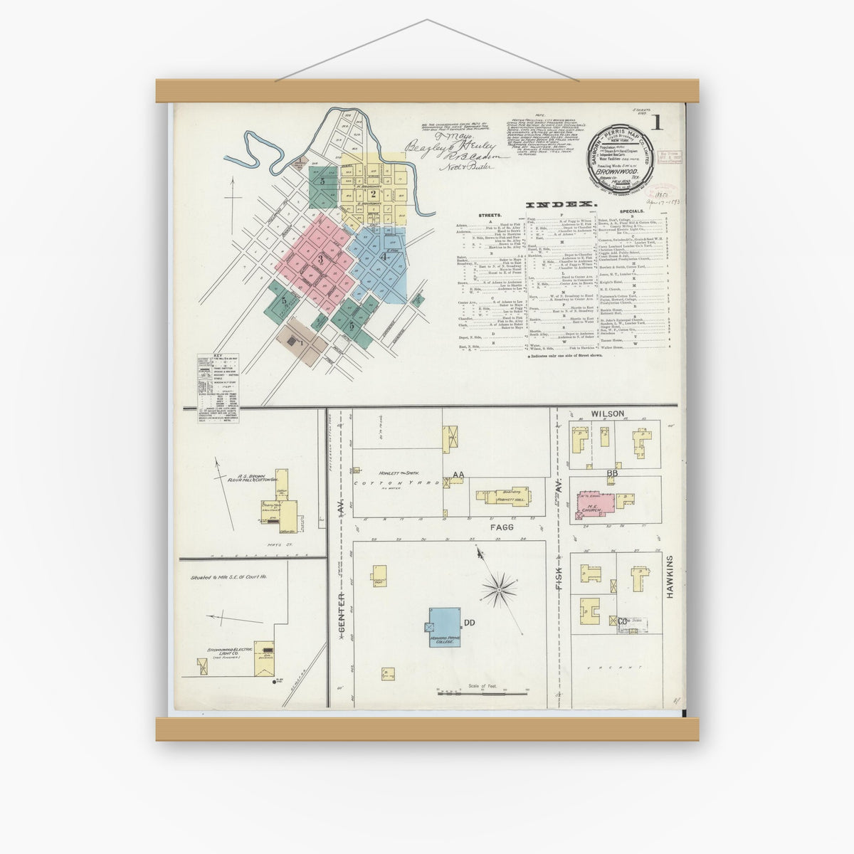 Old map wall art mockup — magnetic wood frame on white wall — Sanborn Fire Insurance Map from Brownwood, Brown County, Texas (1893) - Complete Map Set