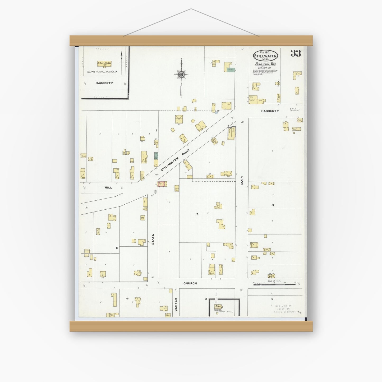 Old map wall art mockup — magnetic wood frame on white wall — Sanborn Fire Insurance Map from Stillwater, Washington County, Minnesota (1910), Sheet #0033