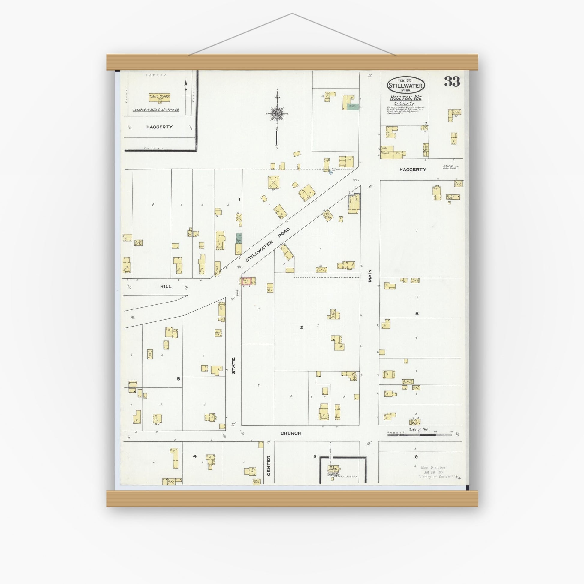 Old map wall art mockup — magnetic wood frame on white wall — Sanborn Fire Insurance Map from Stillwater, Washington County, Minnesota (1910), Sheet #0033