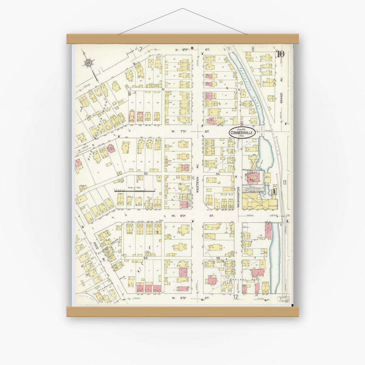 Old map wall art mockup — magnetic wood frame on white wall — Sanborn Fire Insurance Map from Connersville, Fayette County, Indiana (1913), Sheet #0010