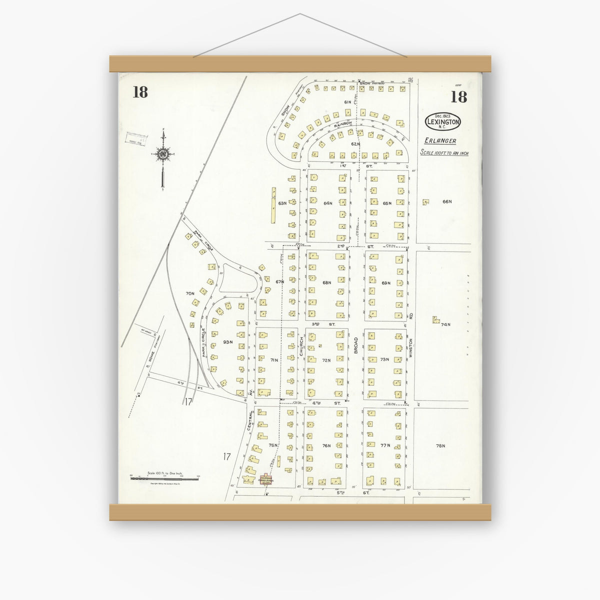 Old map wall art mockup — magnetic wood frame on white wall — Sanborn Fire Insurance Map from Lexington, Davidson County, North Carolina (1923), Sheet #0018