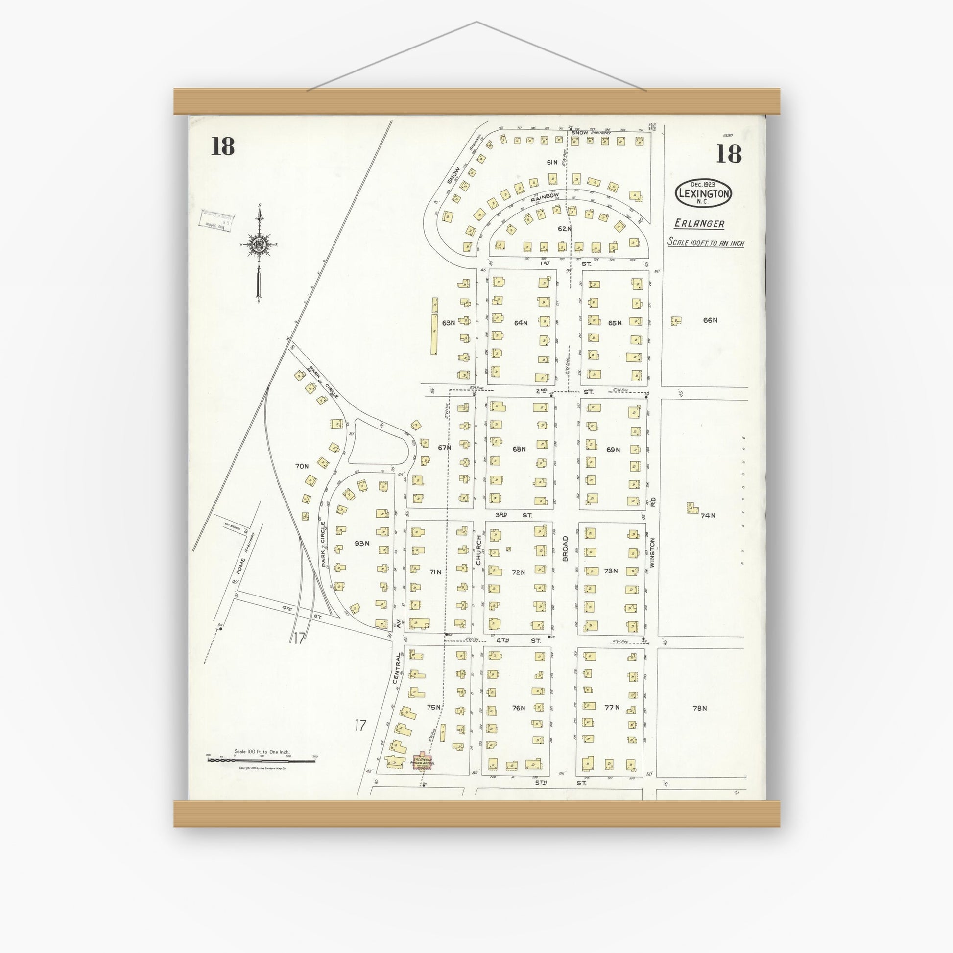 Old map wall art mockup — magnetic wood frame on white wall — Sanborn Fire Insurance Map from Lexington, Davidson County, North Carolina (1923), Sheet #0018