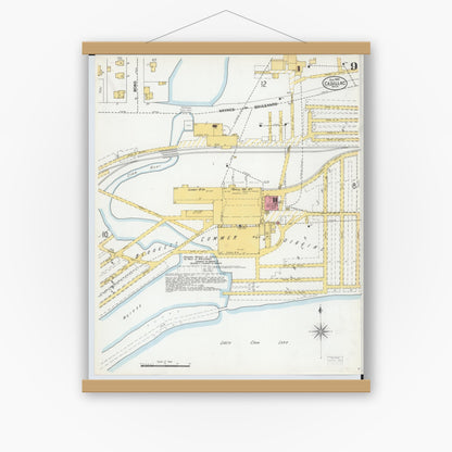 Old map wall art mockup — magnetic wood frame on white wall — Sanborn Fire Insurance Map from Cadillac, Wexford County, Michigan (1900), Sheet #0009