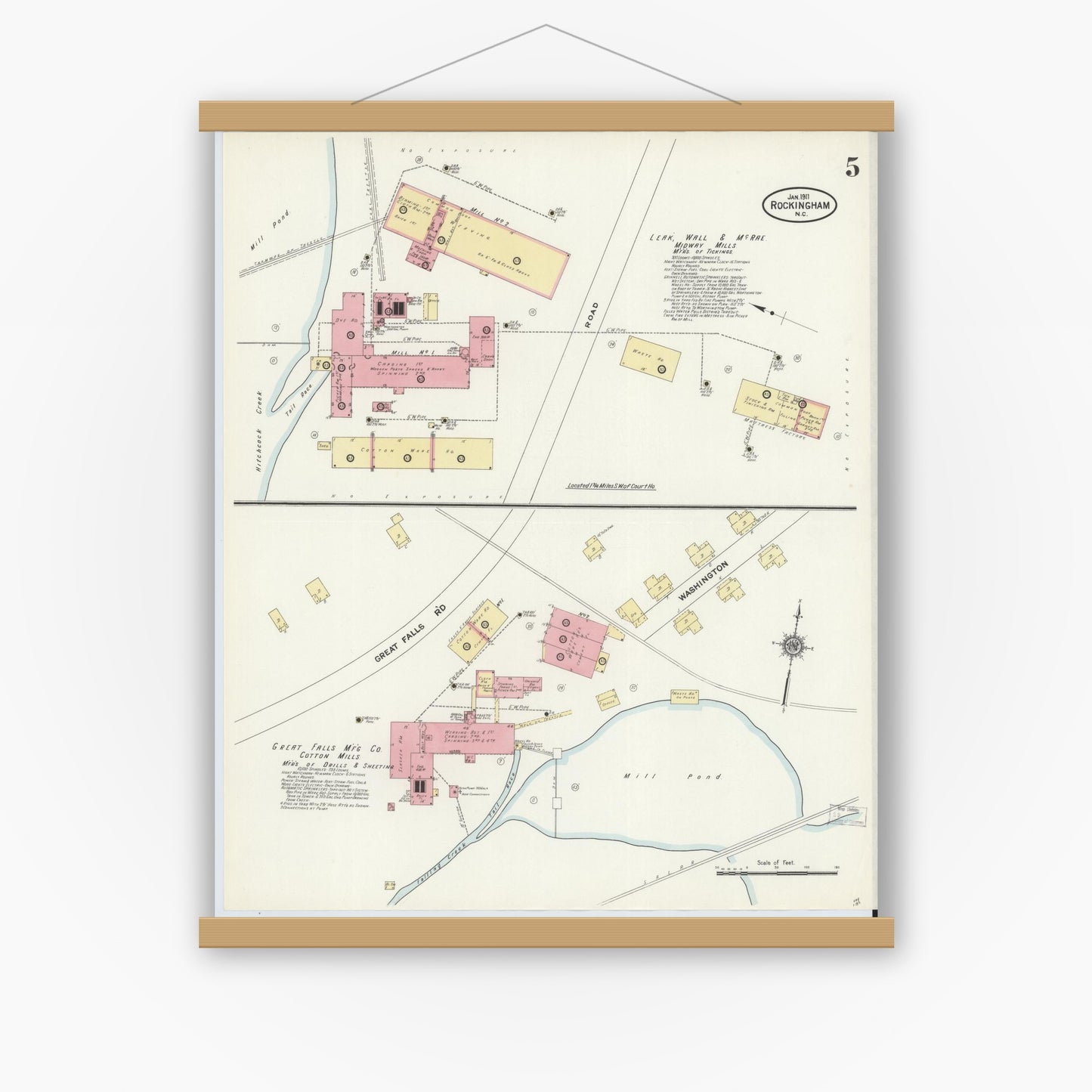 Old map wall art mockup — magnetic wood frame on white wall — Sanborn Fire Insurance Map from Rockingham, Richmond County, North Carolina (1911), Sheet #0005