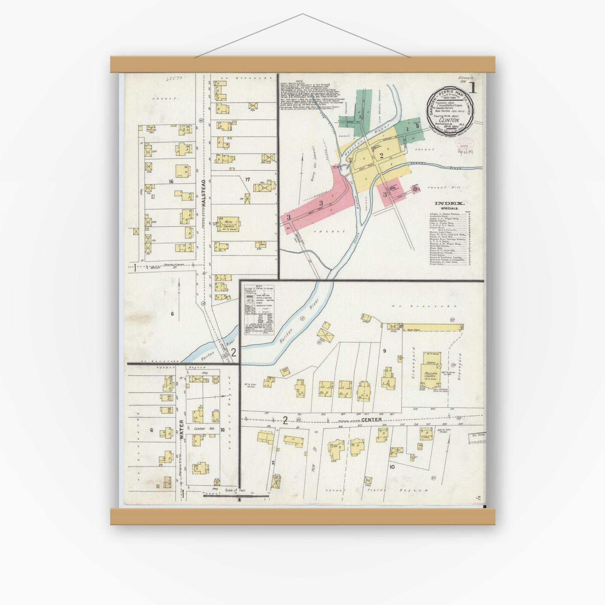 Old map wall art mockup — magnetic wood frame on white wall — Sanborn Fire Insurance Map from Clinton, Hunterdon County, New Jersey (1897) - Complete Map Set