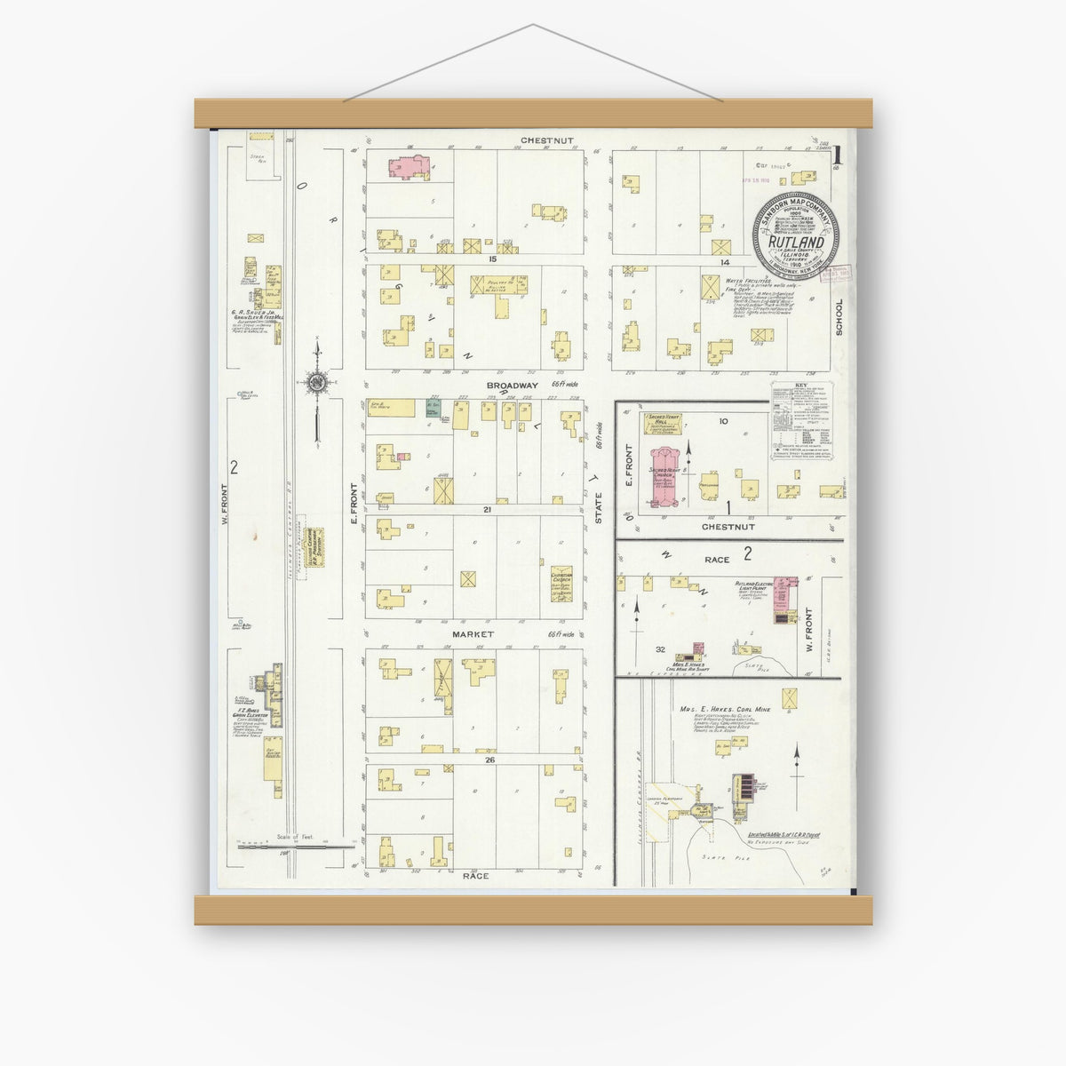 Old map wall art mockup — magnetic wood frame on white wall — Sanborn Fire Insurance Map from Rutland, La Salle County, Illinois (1910) - Complete Map Set