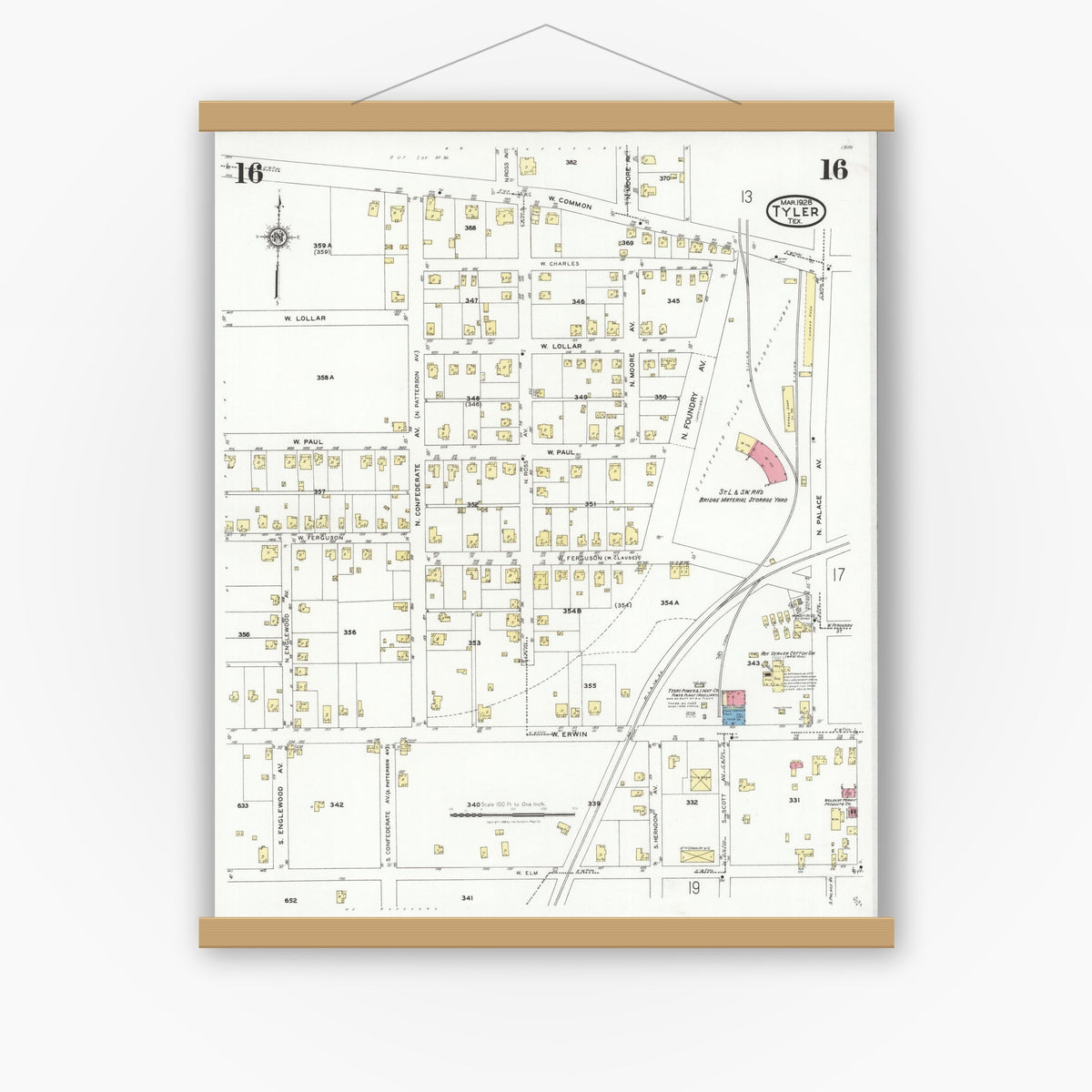 Old map wall art mockup — magnetic wood frame on white wall — Sanborn Fire Insurance Map from Tyler, Smith County, Texas (1928), Sheet #0016