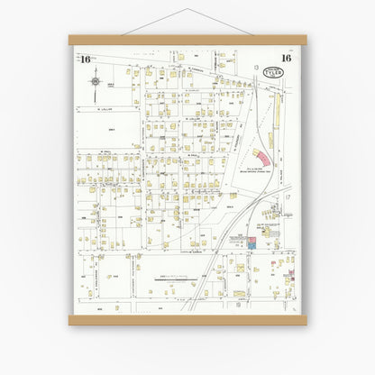 Old map wall art mockup — magnetic wood frame on white wall — Sanborn Fire Insurance Map from Tyler, Smith County, Texas (1928), Sheet #0016