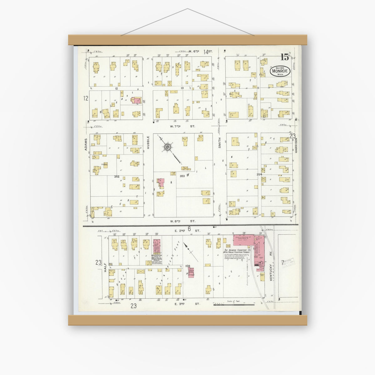 Old map wall art mockup — magnetic wood frame on white wall — Sanborn Fire Insurance Map from Monroe, Monroe County, Michigan (1916), Sheet #0015
