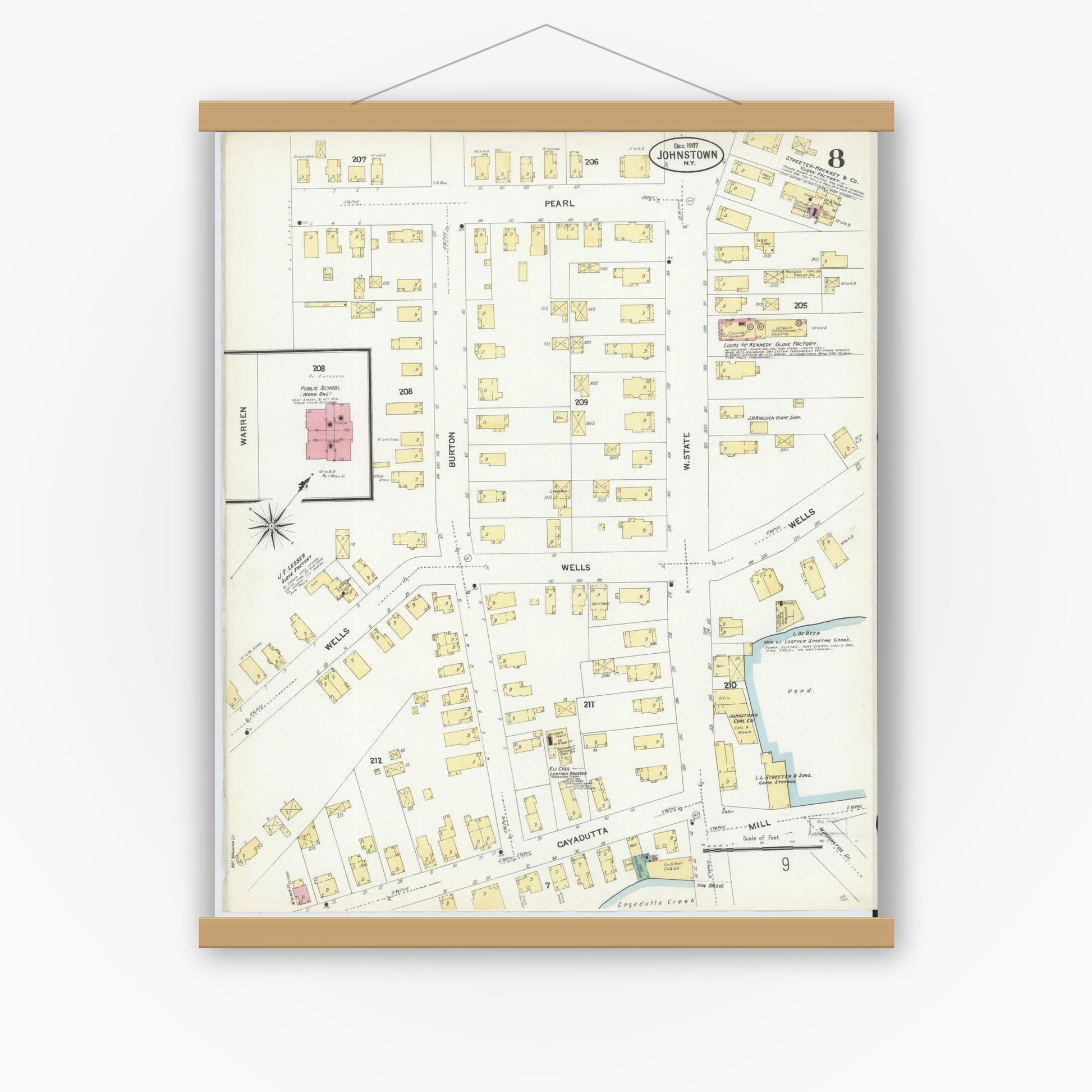 Old map wall art mockup — magnetic wood frame on white wall — Sanborn Fire Insurance Map from Johnstown, Fulton County, New York (1907), Sheet #0008