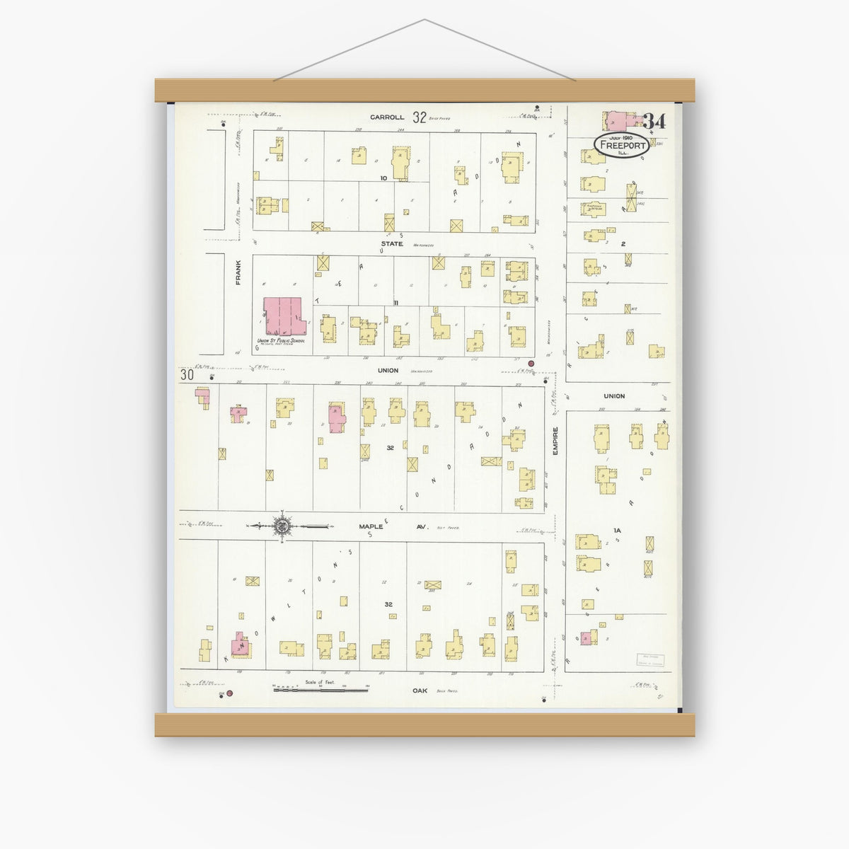 Old map wall art mockup — magnetic wood frame on white wall — Sanborn Fire Insurance Map from Freeport, Stephenson County, Illinois (1910), Sheet #0034