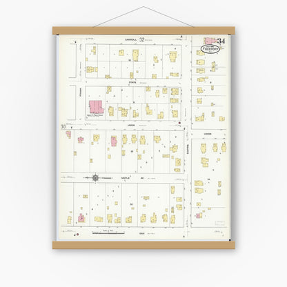 Old map wall art mockup — magnetic wood frame on white wall — Sanborn Fire Insurance Map from Freeport, Stephenson County, Illinois (1910), Sheet #0034