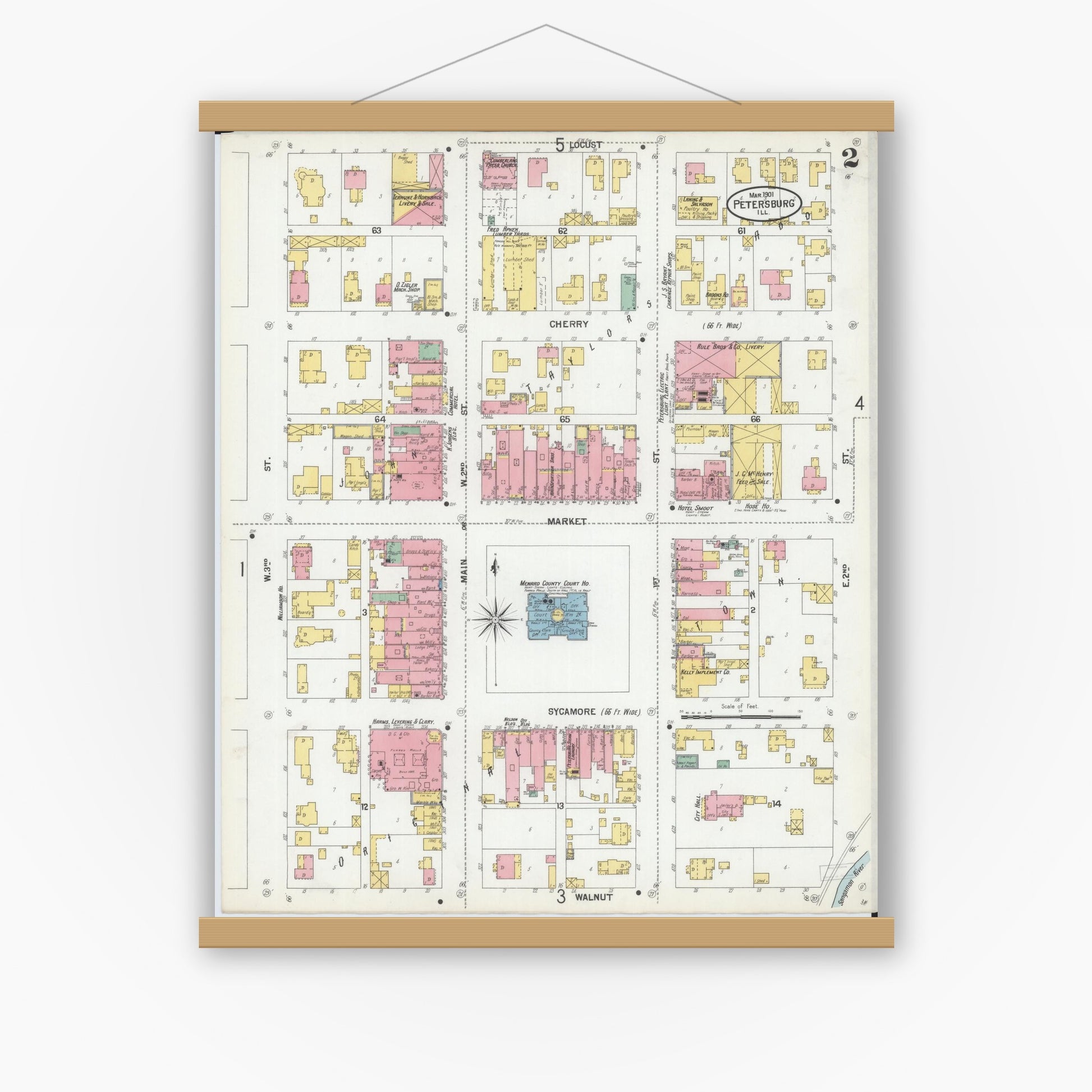 Old map wall art mockup — magnetic wood frame on white wall — Sanborn Fire Insurance Map from Petersburg, Menard County, Illinois (1901), Sheet #0002