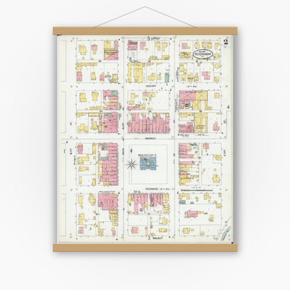 Old map wall art mockup — magnetic wood frame on white wall — Sanborn Fire Insurance Map from Petersburg, Menard County, Illinois (1901), Sheet #0002