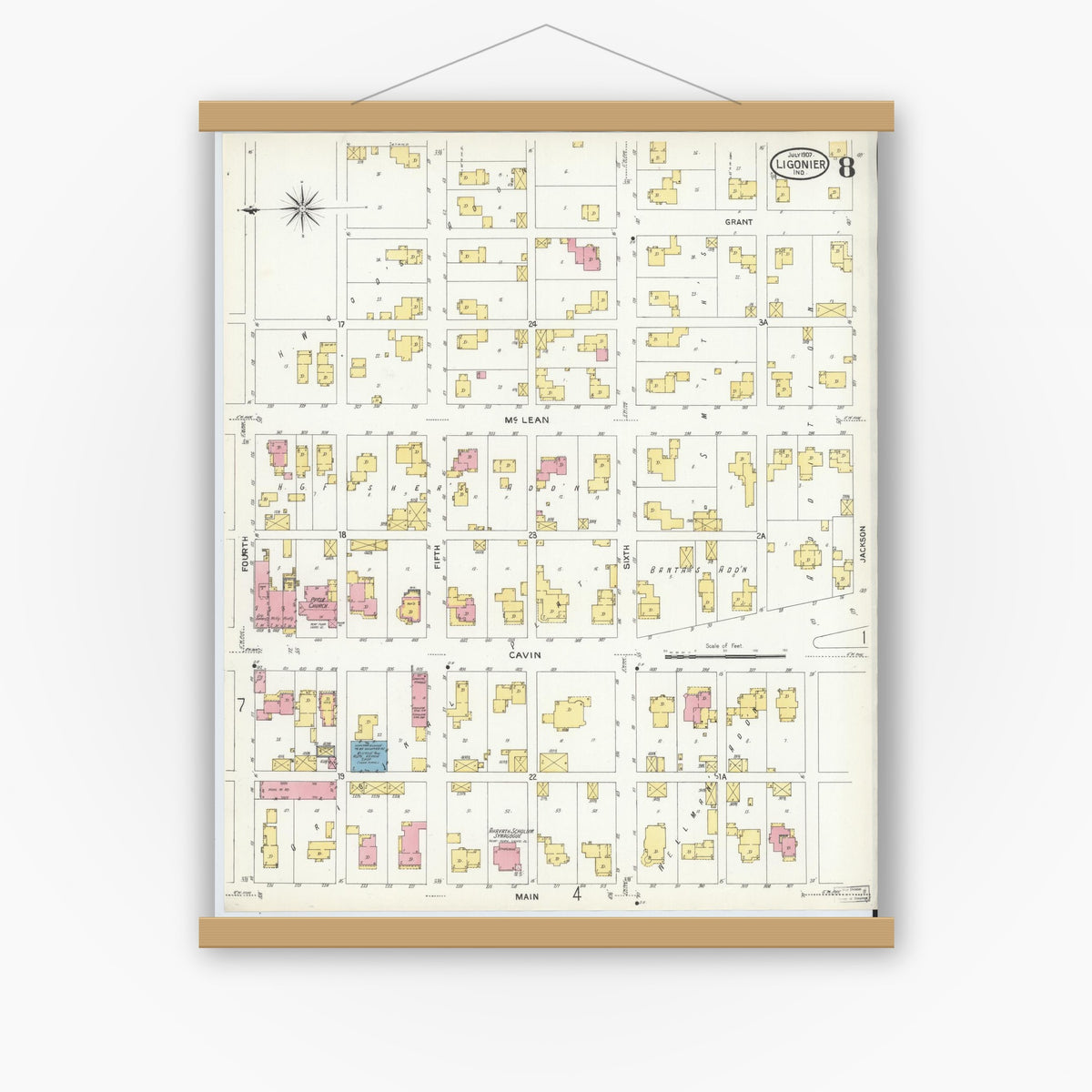 Old map wall art mockup — magnetic wood frame on white wall — Sanborn Fire Insurance Map from Ligonier, Noble County, Indiana (1907), Sheet #0008