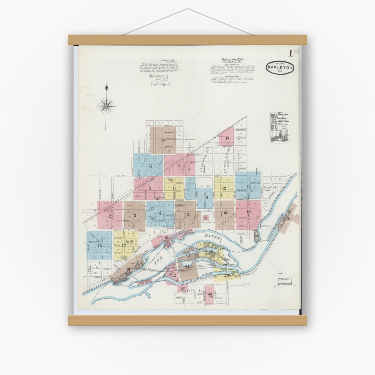 Old map wall art mockup — magnetic wood frame on white wall — Sanborn Fire Insurance Map from Appleton, Outagamie County, Wisconsin (1891) - Complete Map Set