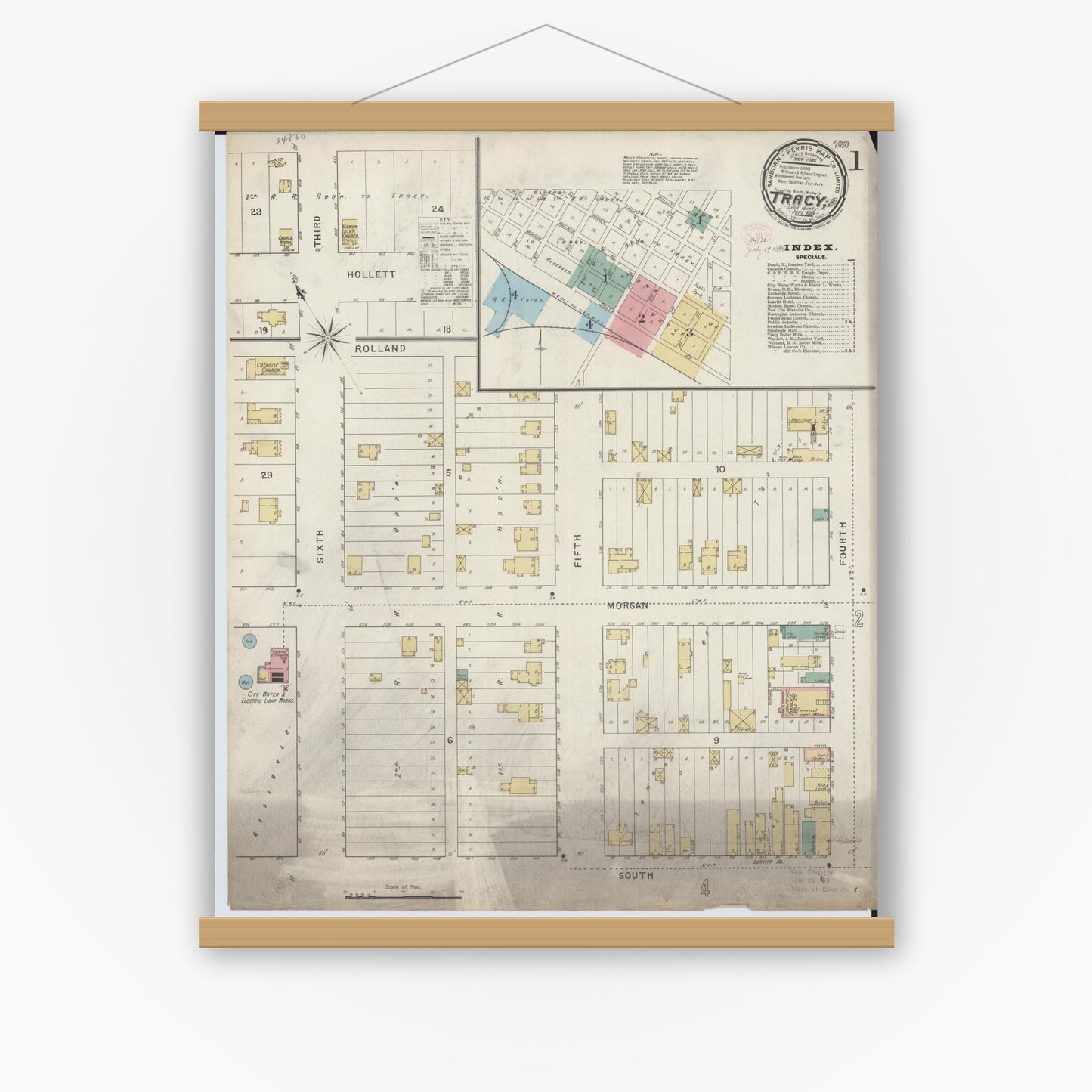 Old map wall art mockup — magnetic wood frame on white wall — Sanborn Fire Insurance Map from Tracy, Lyon County, Minnesota (1894) - Complete Map Set