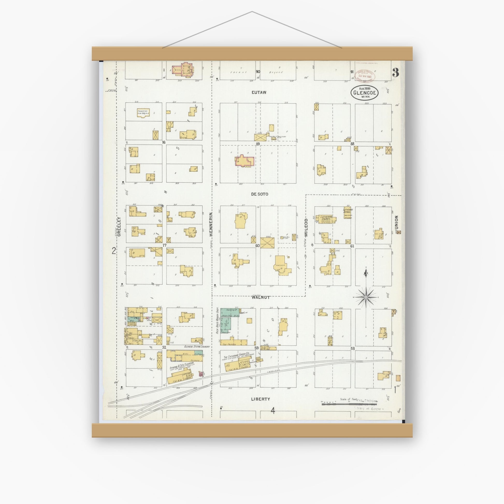 Old map wall art mockup — magnetic wood frame on white wall — Sanborn Fire Insurance Map from Glencoe, Mcleod County, Minnesota (1899), Sheet #0003