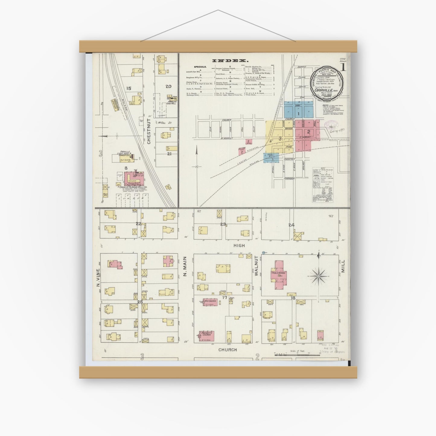 Old map wall art mockup — magnetic wood frame on white wall — Sanborn Fire Insurance Map from Orrville, Wayne County, Ohio (1893) - Complete Map Set