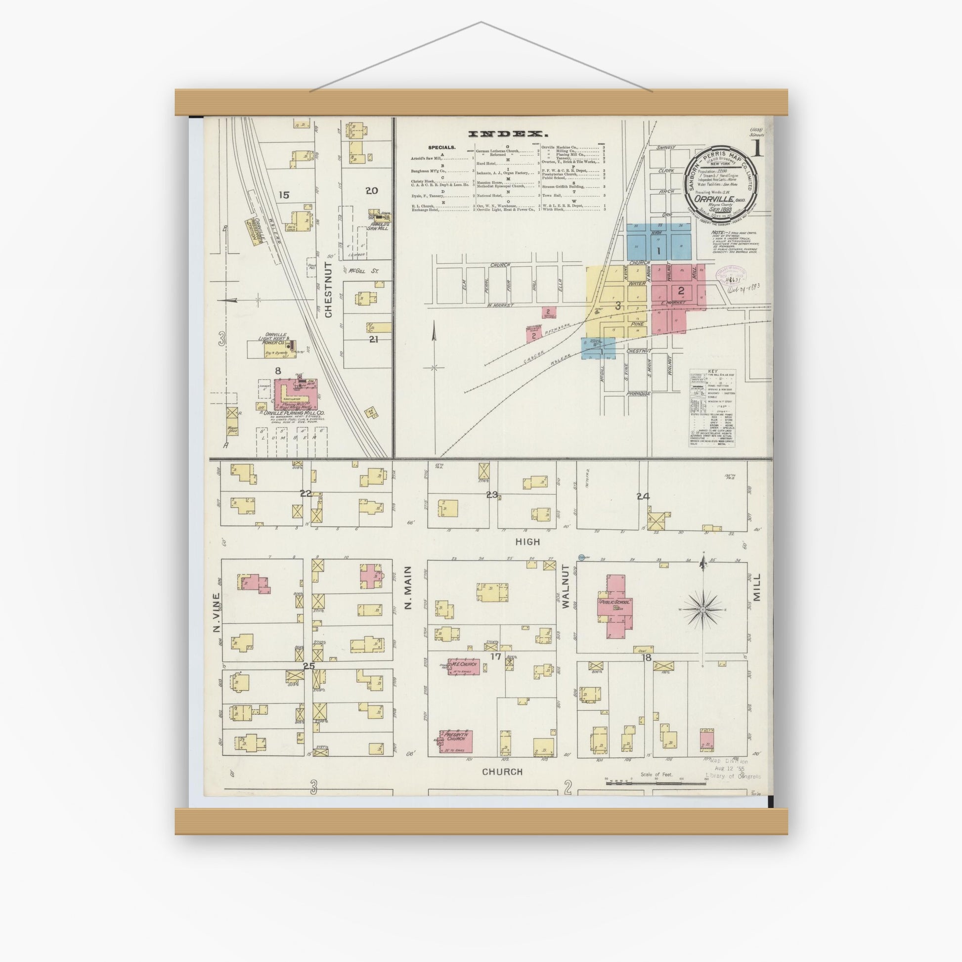 Old map wall art mockup — magnetic wood frame on white wall — Sanborn Fire Insurance Map from Orrville, Wayne County, Ohio (1893) - Complete Map Set