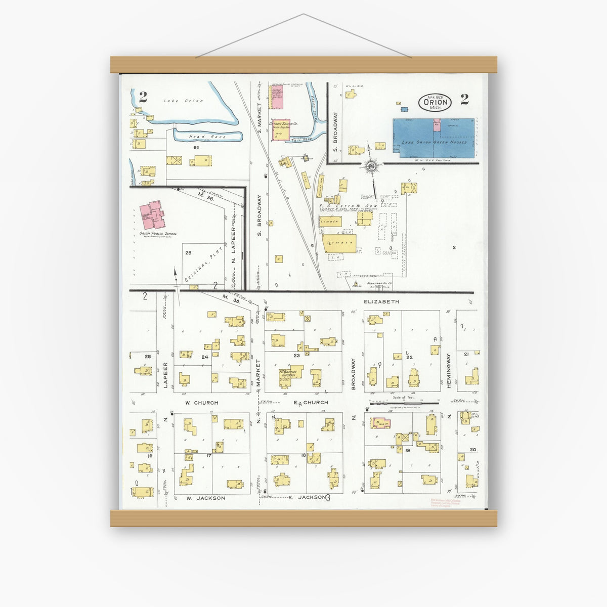 Old map wall art mockup — magnetic wood frame on white wall — Sanborn Fire Insurance Map from Orion, Oakland County, Michigan (1926), Sheet #0002