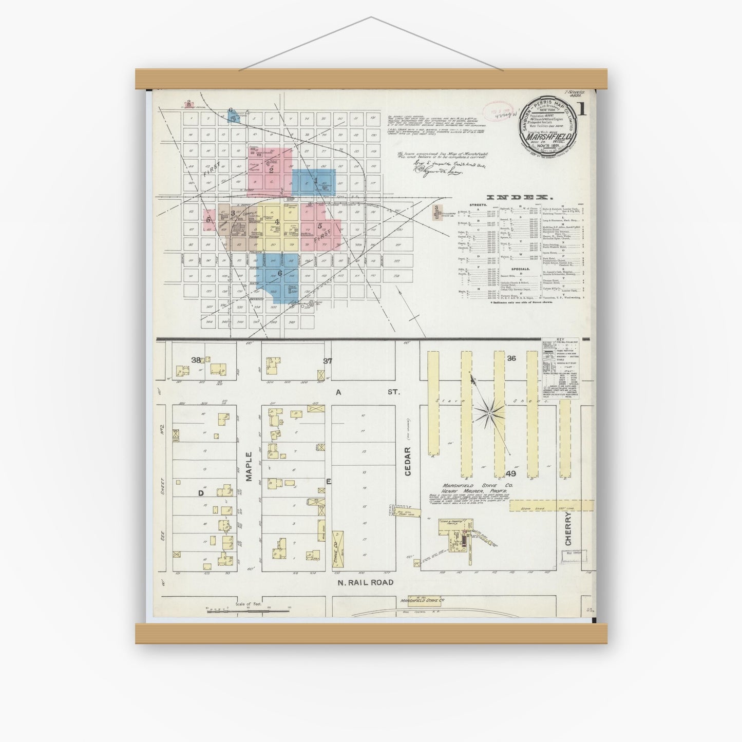 Old map wall art mockup — magnetic wood frame on white wall — Sanborn Fire Insurance Map from Marshfield, Wood County, Wisconsin (1891), Sheet #0001