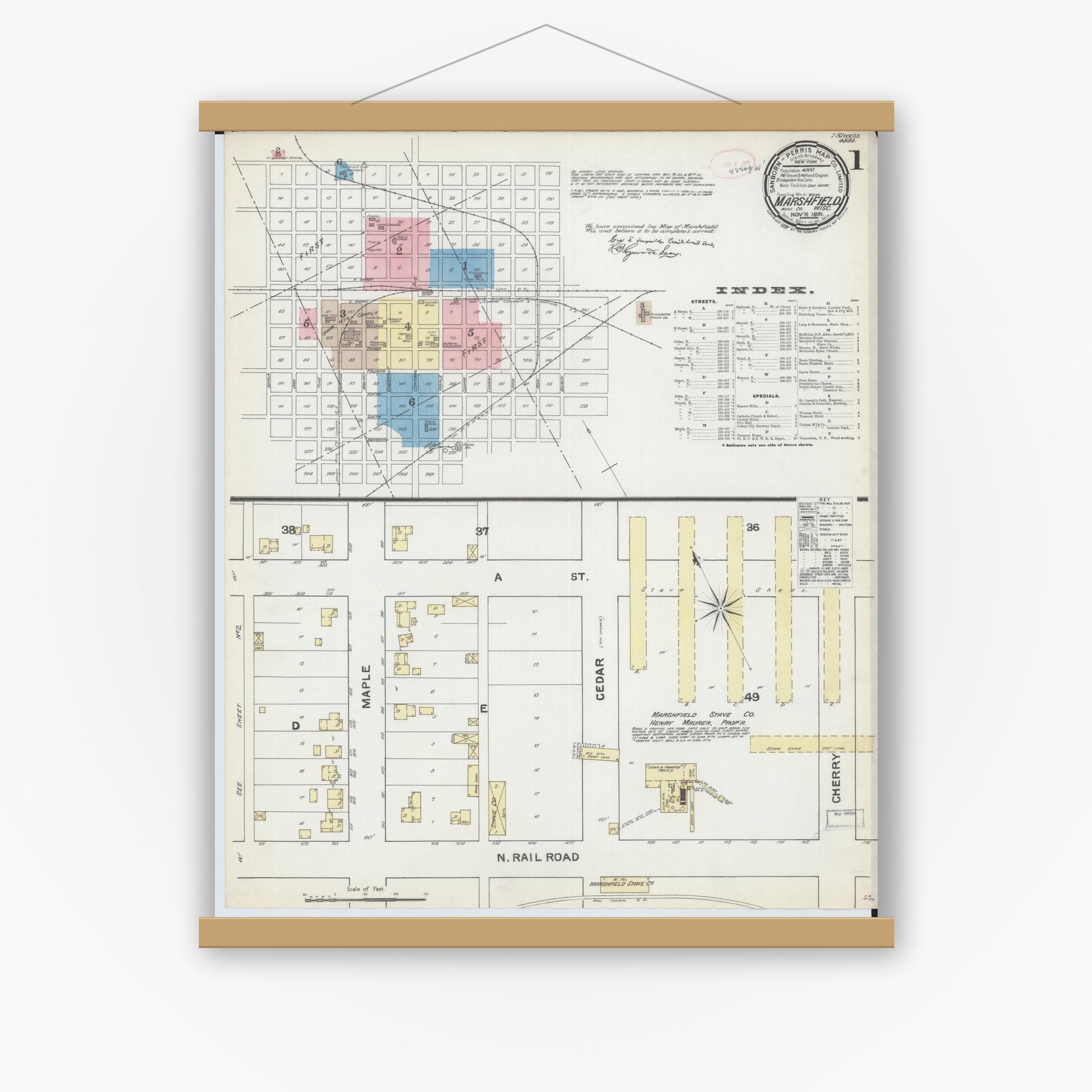 Old map wall art mockup — magnetic wood frame on white wall — Sanborn Fire Insurance Map from Marshfield, Wood County, Wisconsin (1891), Sheet #0001