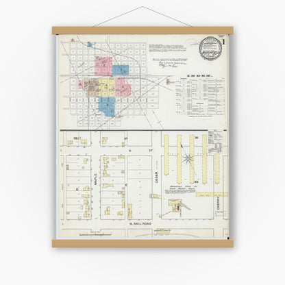 Old map wall art mockup — magnetic wood frame on white wall — Sanborn Fire Insurance Map from Marshfield, Wood County, Wisconsin (1891), Sheet #0001
