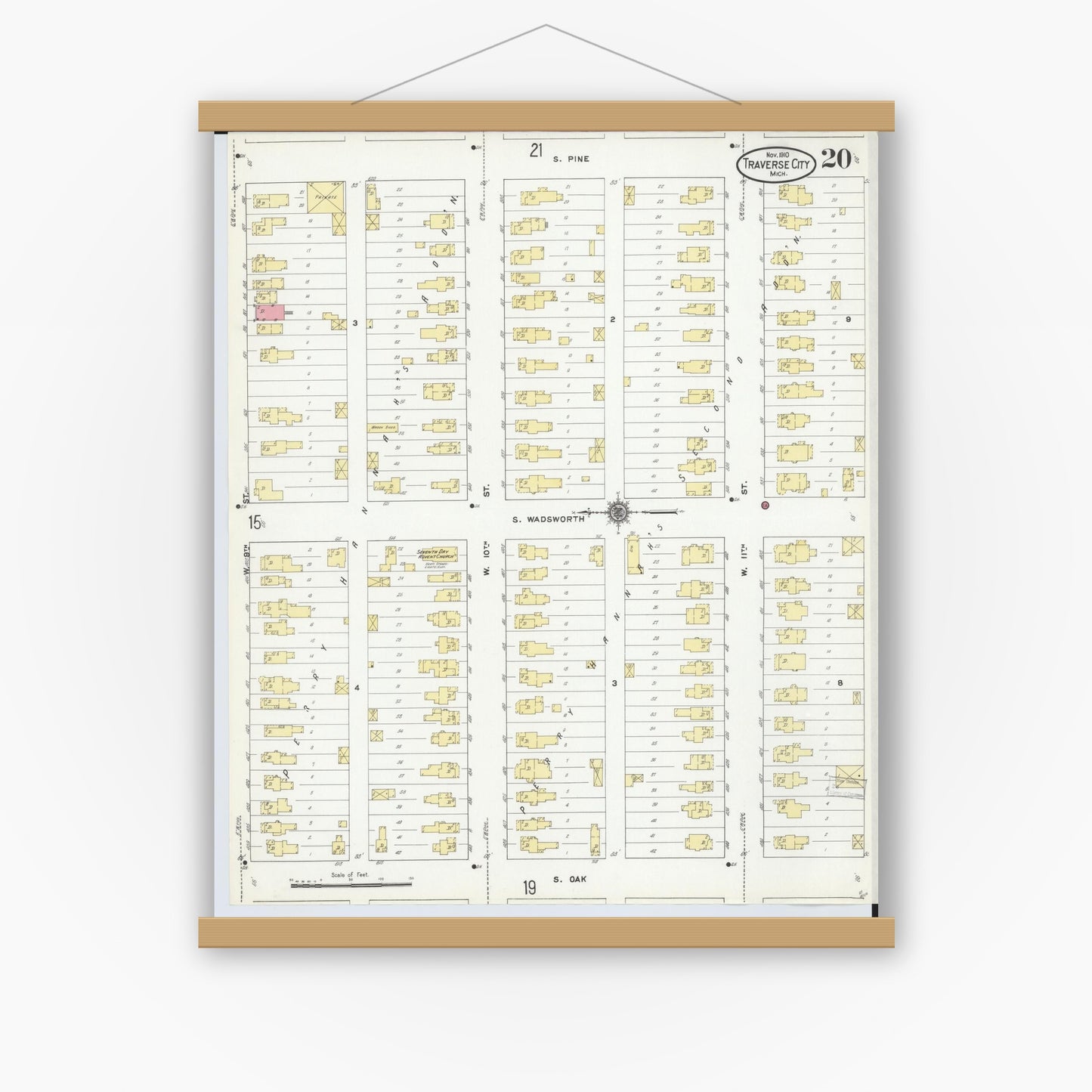 Old map wall art mockup — magnetic wood frame on white wall — Sanborn Fire Insurance Map from Traverse City, Grand Traverse County, Michigan (1910), Sheet #0020