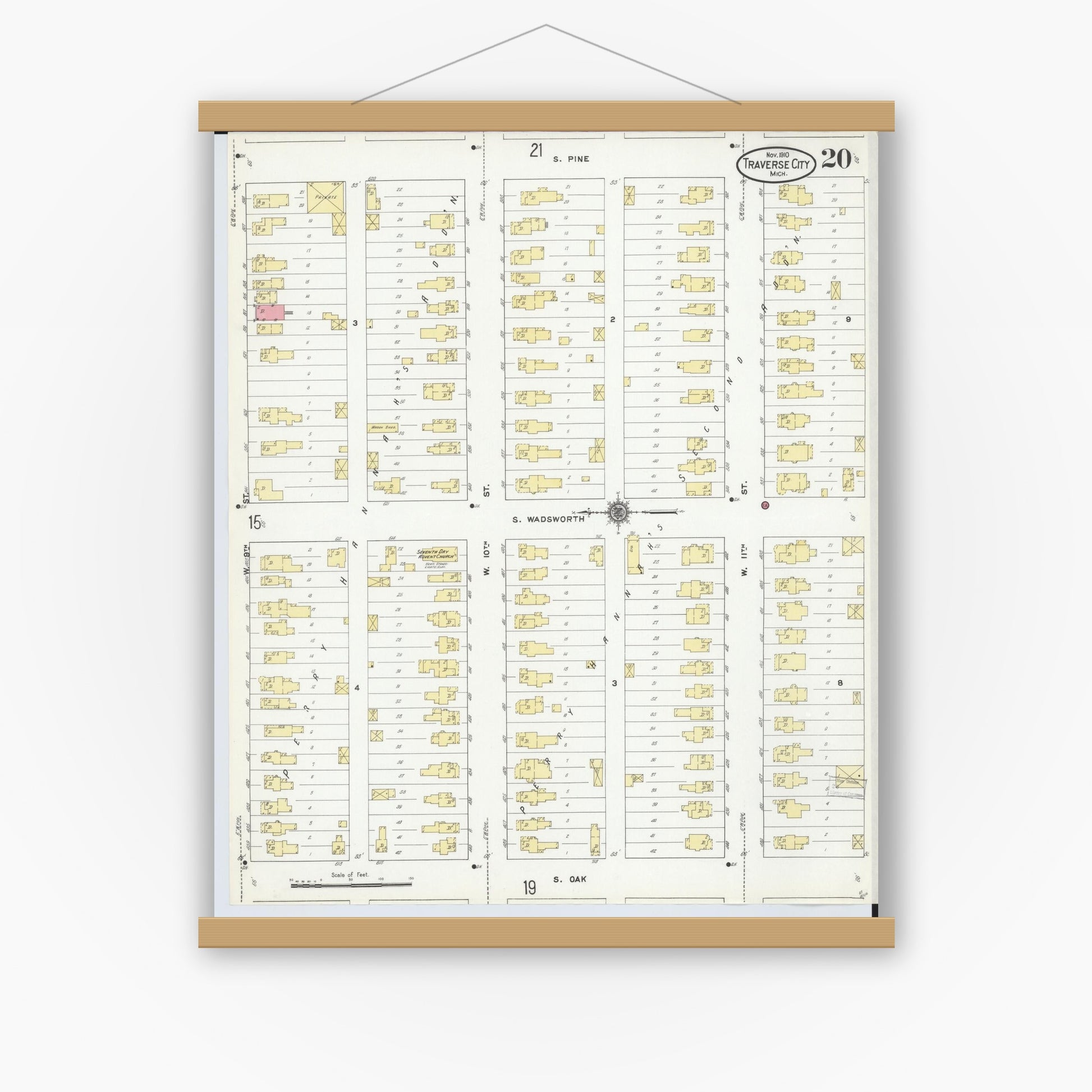 Old map wall art mockup — magnetic wood frame on white wall — Sanborn Fire Insurance Map from Traverse City, Grand Traverse County, Michigan (1910), Sheet #0020