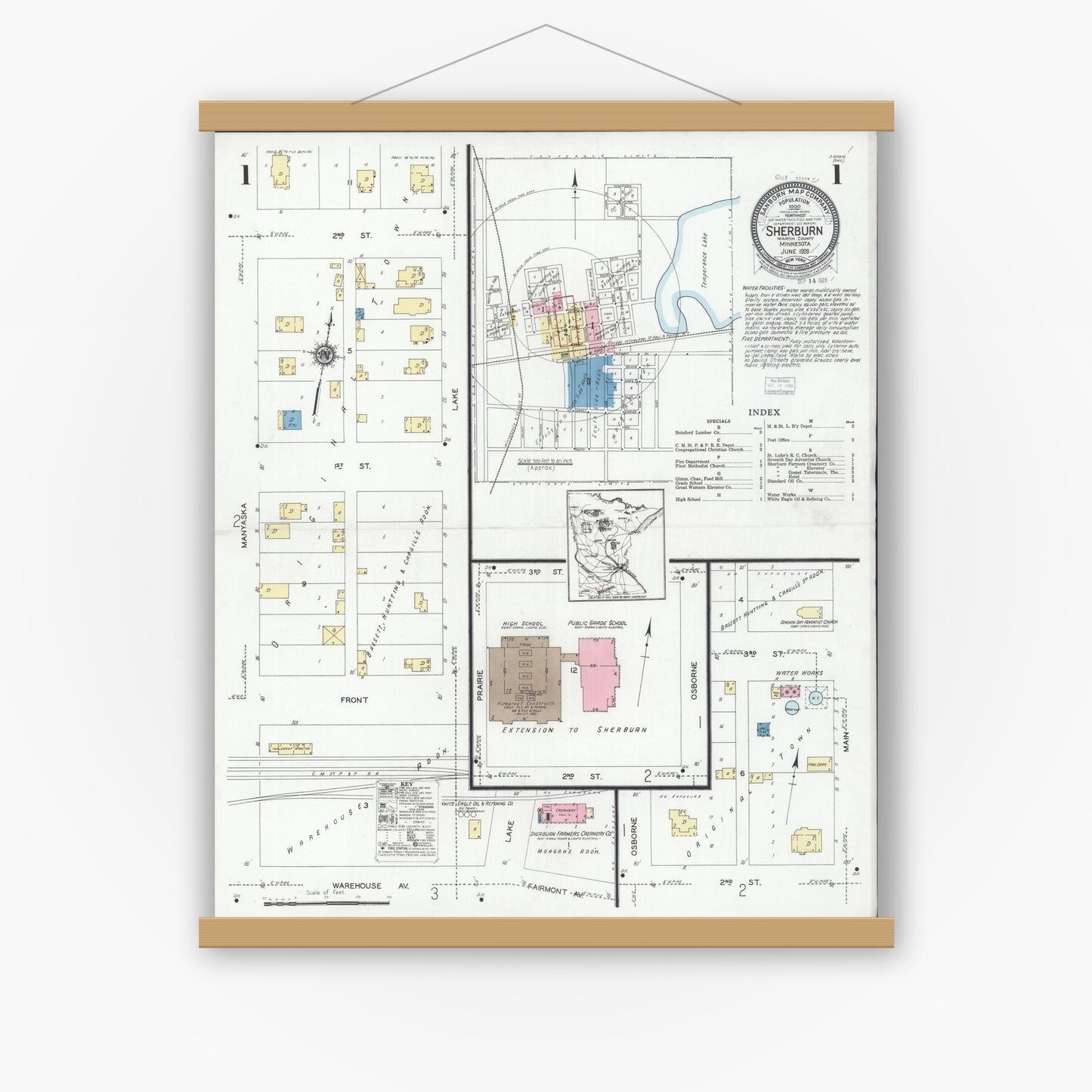 Old map wall art mockup — magnetic wood frame on white wall — Sanborn Fire Insurance Map from Sherburn, Martin County, Minnesota (1928) - Complete Map Set