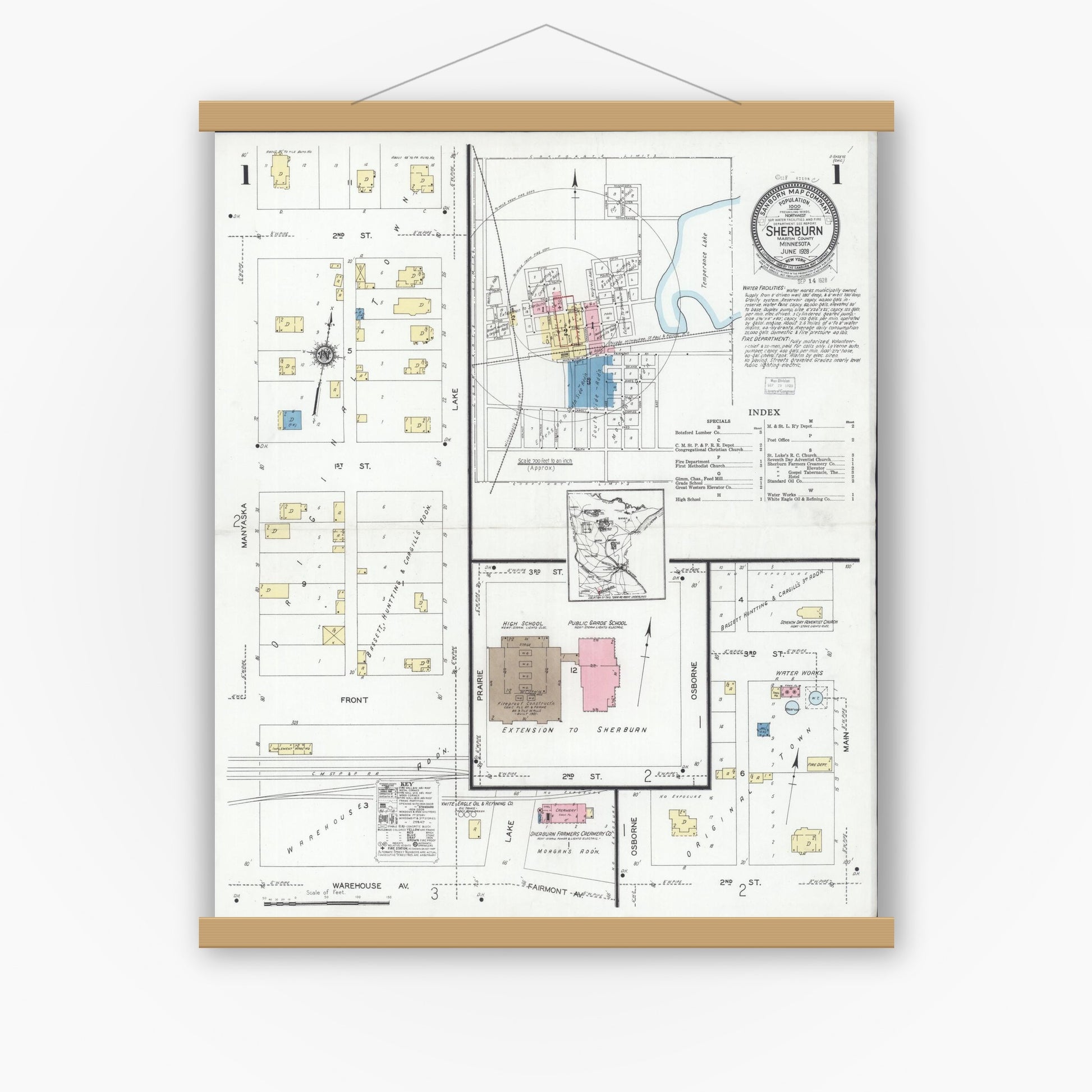 Old map wall art mockup — magnetic wood frame on white wall — Sanborn Fire Insurance Map from Sherburn, Martin County, Minnesota (1928) - Complete Map Set