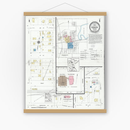 Old map wall art mockup — magnetic wood frame on white wall — Sanborn Fire Insurance Map from Sherburn, Martin County, Minnesota (1928) - Complete Map Set