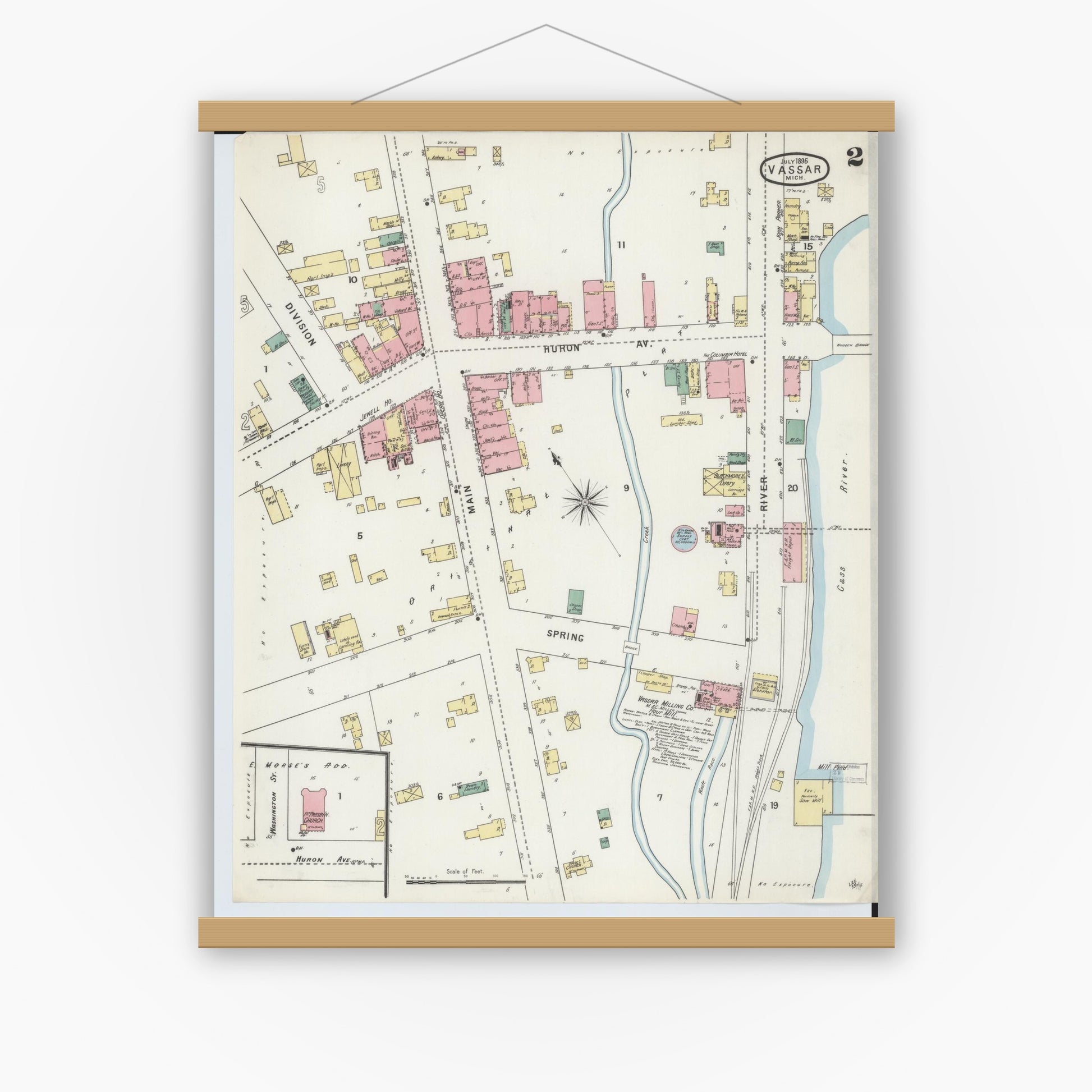 Old map wall art mockup — magnetic wood frame on white wall — Sanborn Fire Insurance Map from Vassar, Tuscola County, Michigan (1895), Sheet #0002