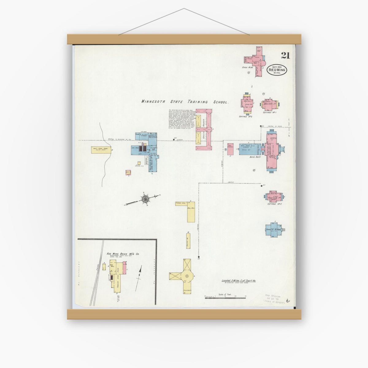 Old map wall art mockup — magnetic wood frame on white wall — Sanborn Fire Insurance Map from Red Wing, Goodhue County, Minnesota (1910), Sheet #0021