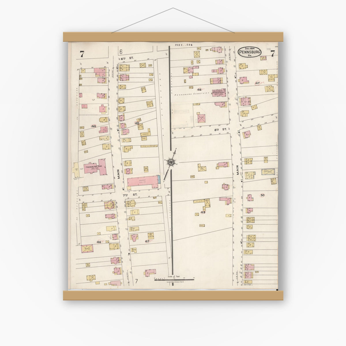Old map wall art mockup — magnetic wood frame on white wall — Sanborn Fire Insurance Map from Pennsburg, Montgomery County, Pennsylvania (1933), Sheet #0007